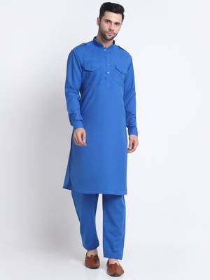 Men Blue Cotton Solid Pathani and Salwar Set 1
