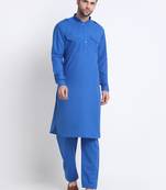 Men Blue Cotton Solid Pathani and Salwar Set
