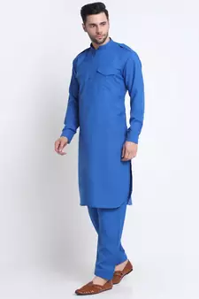 Men Blue Cotton Solid Pathani and Salwar Set