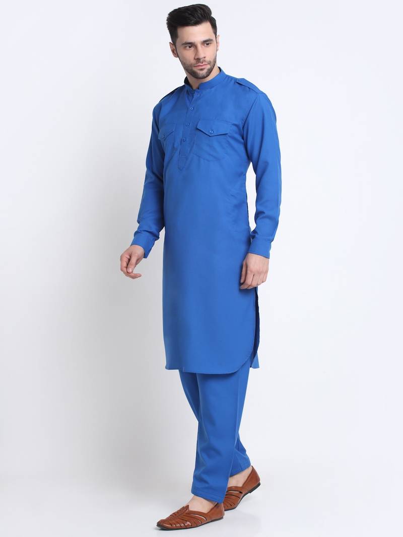 Men Blue Cotton Solid Pathani and Salwar Set