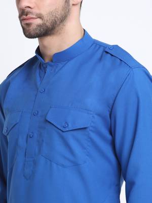 Men Blue Cotton Solid Pathani and Salwar Set 5