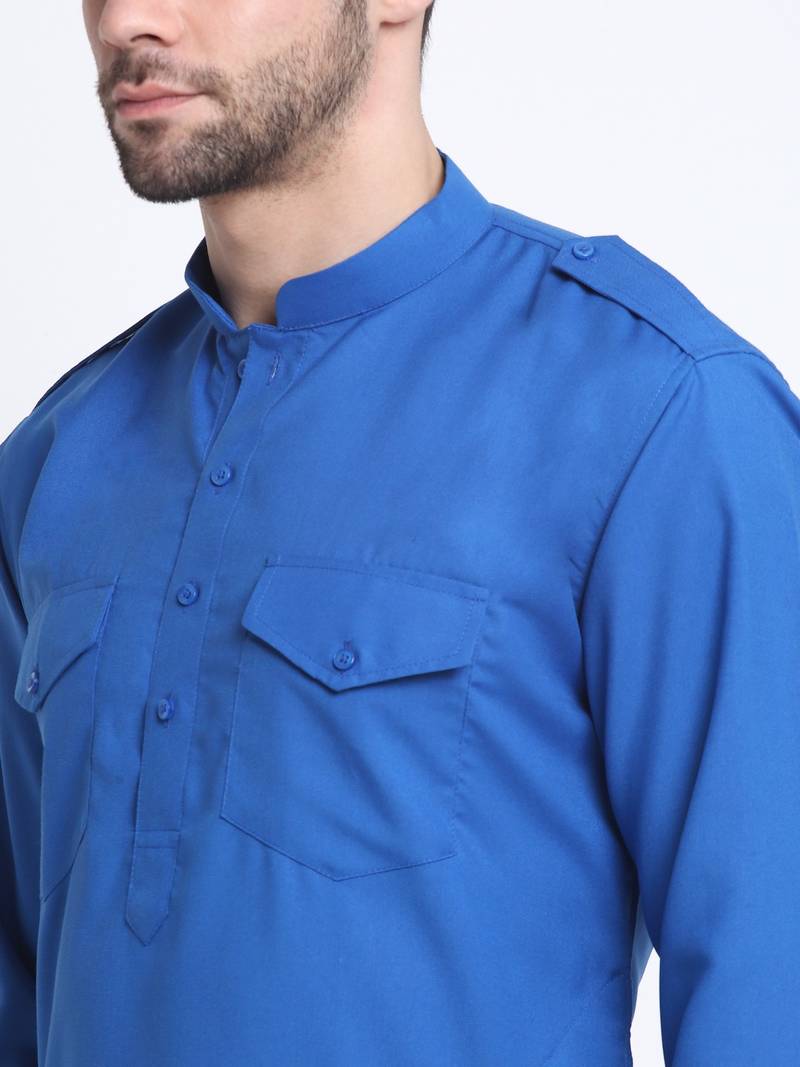 Men Blue Cotton Solid Pathani and Salwar Set