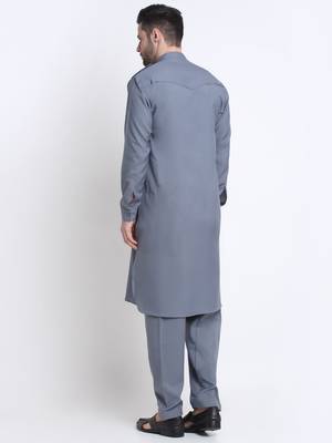Men Grey Cotton Solid Pathani and Salwar Set 3