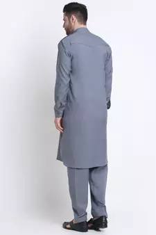 Men Grey Cotton Solid Pathani and Salwar Set