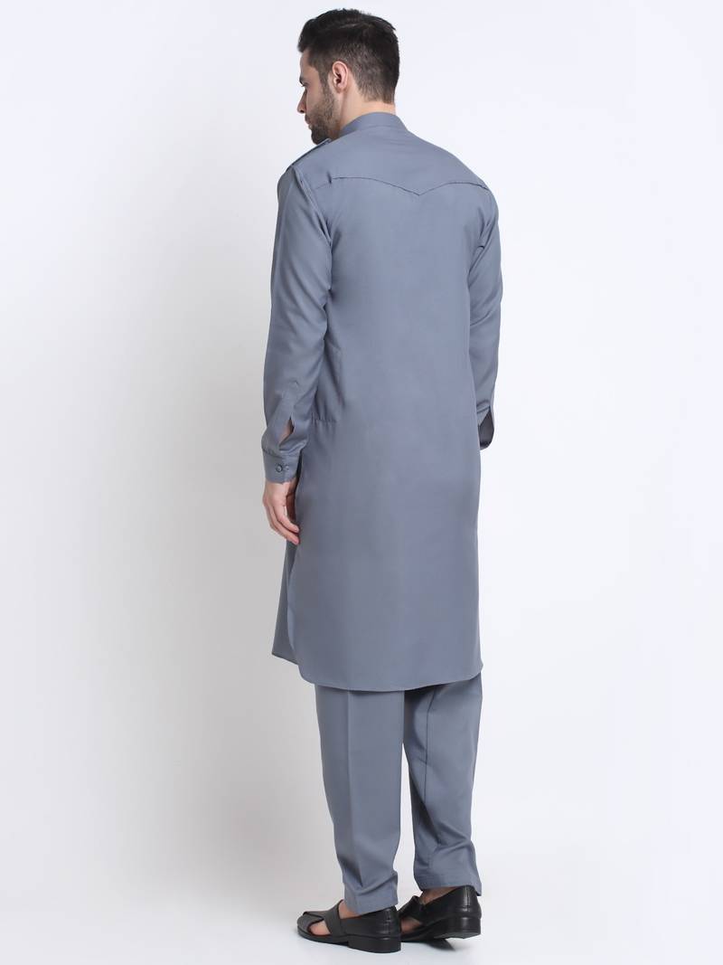 Men Grey Cotton Solid Pathani and Salwar Set