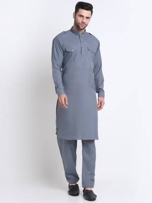 Men Grey Cotton Solid Pathani and Salwar Set 1