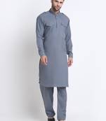 Men Grey Cotton Solid Pathani and Salwar Set
