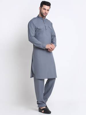 Men Grey Cotton Solid Pathani and Salwar Set 4