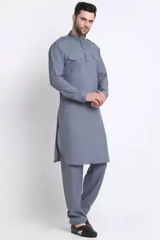 Men Grey Cotton Solid Pathani and Salwar Set
