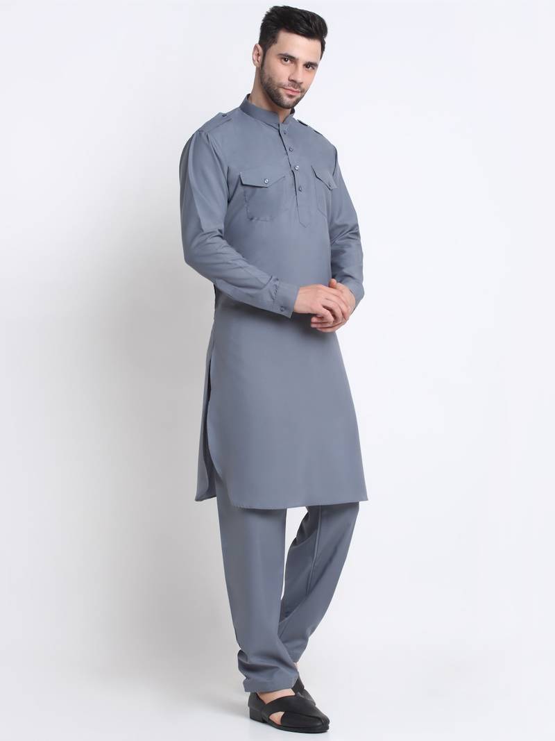 Men Grey Cotton Solid Pathani and Salwar Set