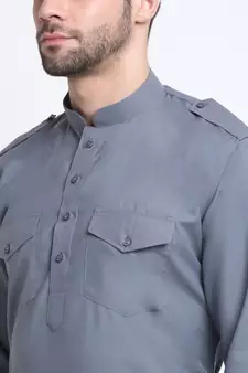 Men Grey Cotton Solid Pathani and Salwar Set