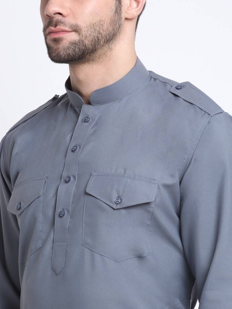 Men Grey Cotton Solid Pathani and Salwar Set