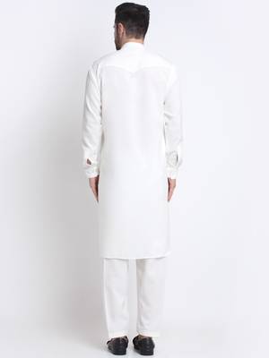 Men White Cotton Solid Pathani and Salwar Set 3