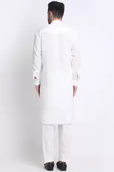 Men White Cotton Solid Pathani and Salwar Set