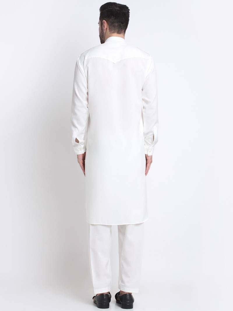 Men White Cotton Solid Pathani and Salwar Set