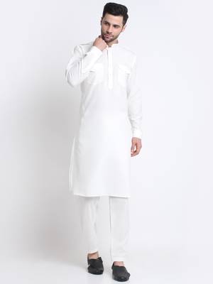 Men White Cotton Solid Pathani and Salwar Set 1