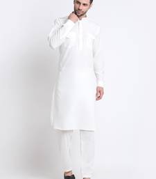 Men White Cotton Solid Pathani and Salwar Set