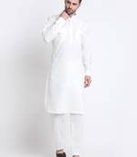 Men White Cotton Solid Pathani and Salwar Set