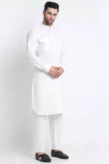 Men White Cotton Solid Pathani and Salwar Set