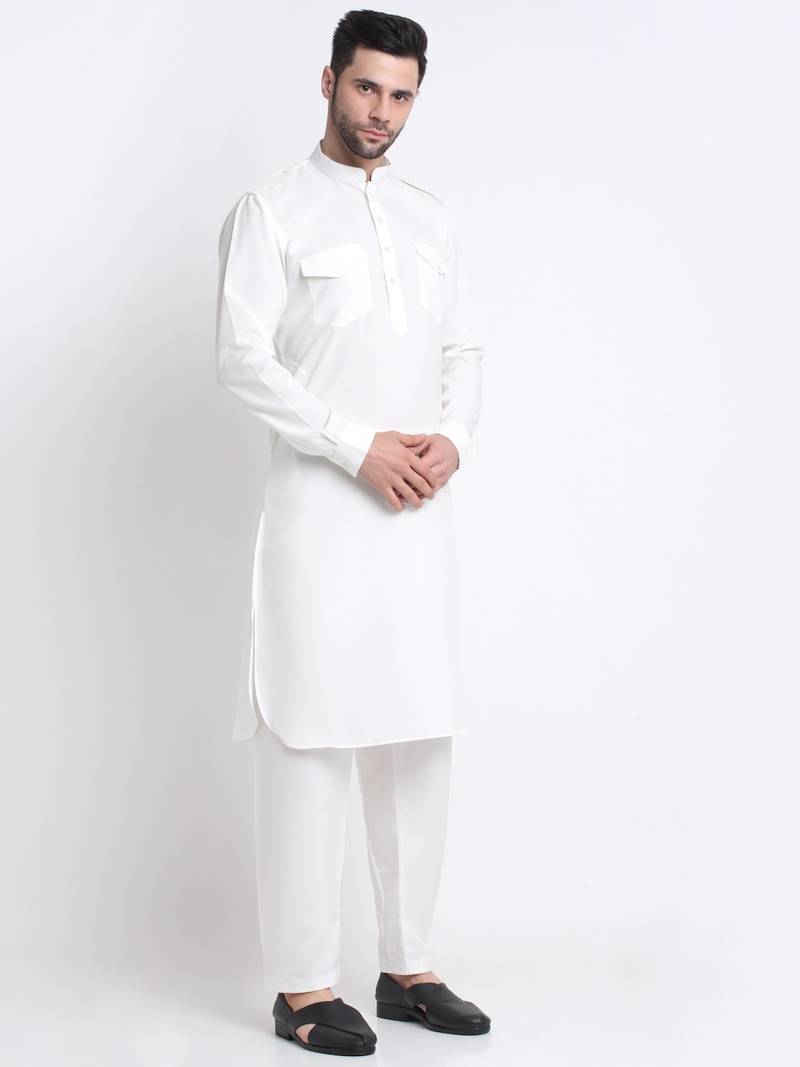 Men White Cotton Solid Pathani and Salwar Set