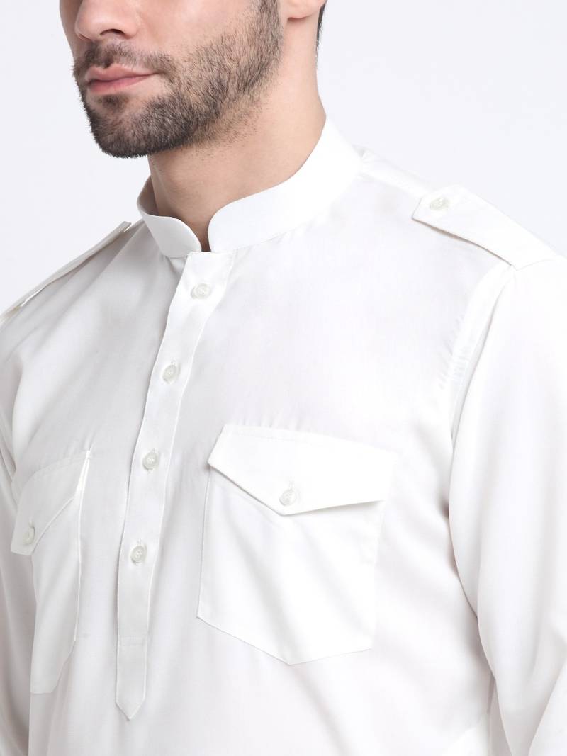 Men White Cotton Solid Pathani and Salwar Set