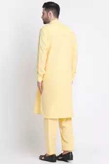 Men Yellow Cotton Solid Pathani and Salwar Set