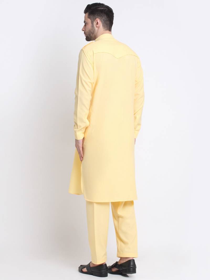 Men Yellow Cotton Solid Pathani and Salwar Set
