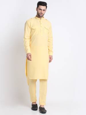Men Yellow Cotton Solid Pathani and Salwar Set 1
