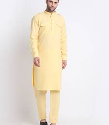 Men Yellow Cotton Solid Pathani and Salwar Set