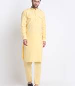 Men Yellow Cotton Solid Pathani and Salwar Set