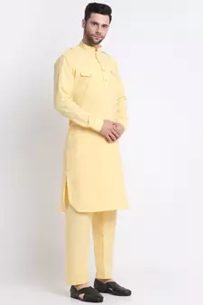 Men Yellow Cotton Solid Pathani and Salwar Set