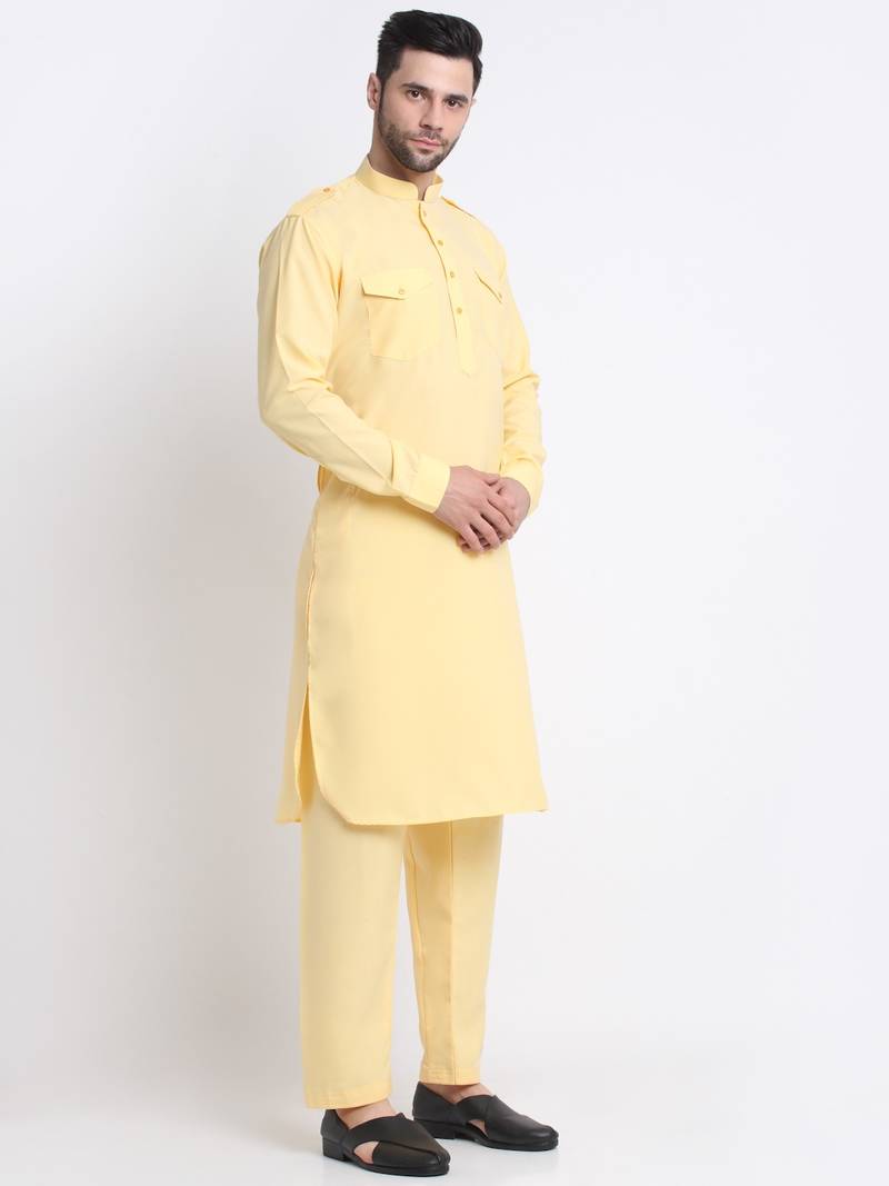 Men Yellow Cotton Solid Pathani and Salwar Set