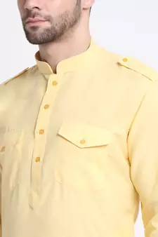 Men Yellow Cotton Solid Pathani and Salwar Set