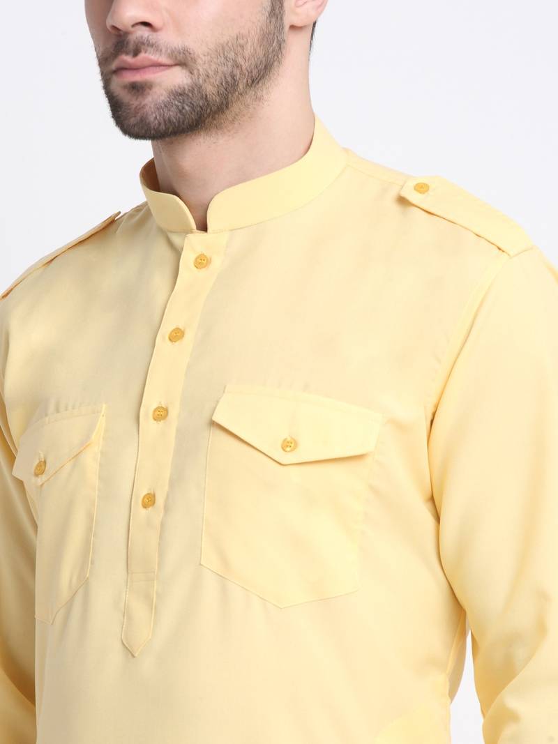 Men Yellow Cotton Solid Pathani and Salwar Set