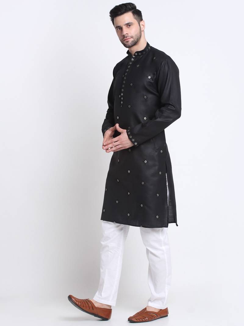 Men Black Cotton Sequence Kurta and Trouser Set
