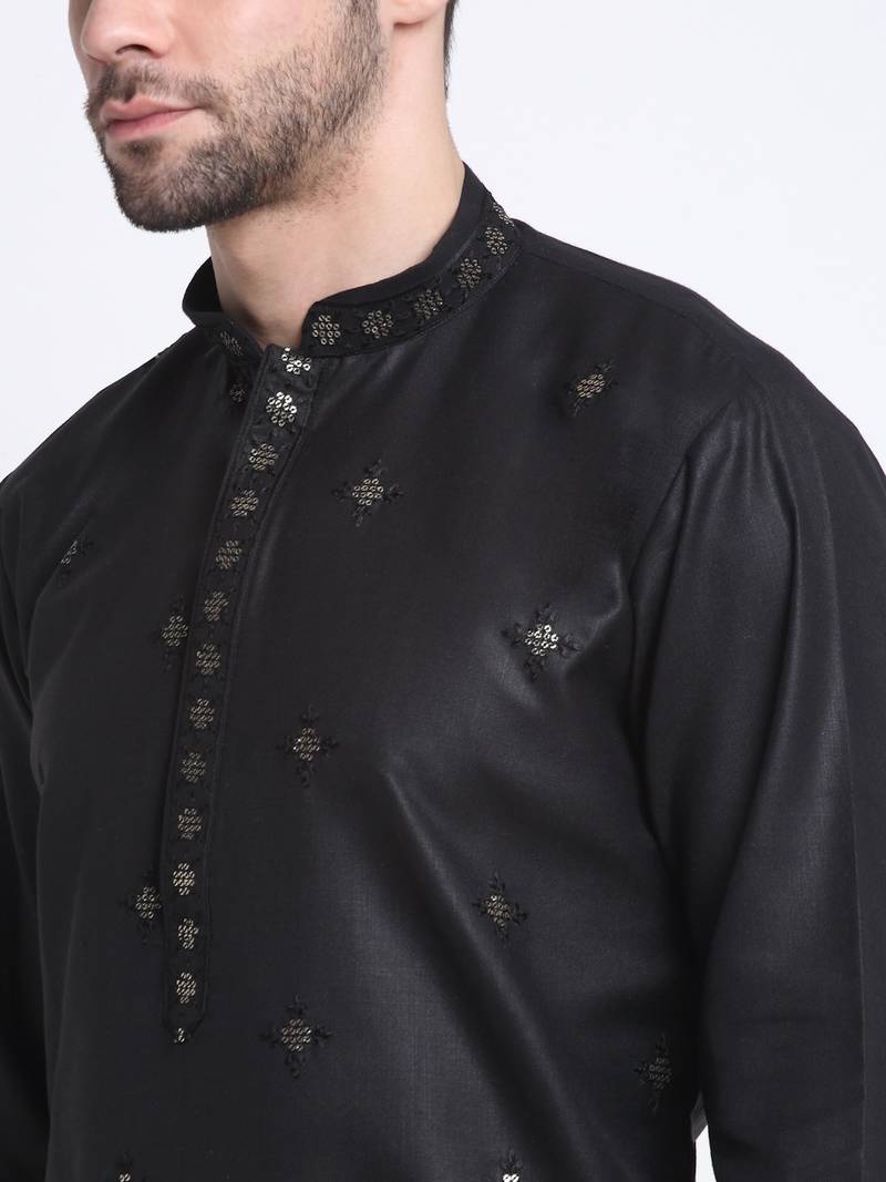 Men Black Cotton Sequence Kurta and Trouser Set