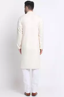 Men Cream Cotton Sequence Kurta and Trouser Set