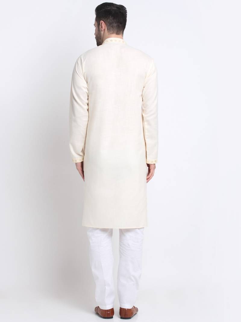 Men Cream Cotton Sequence Kurta and Trouser Set