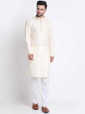 Men Cream Cotton Sequence Kurta and Trouser Set 1
