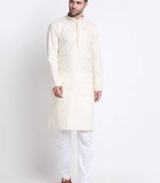 Men Cream Cotton Sequence Kurta and Trouser Set