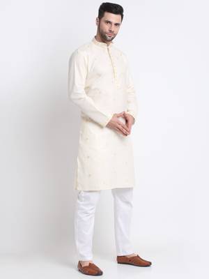 Men Cream Cotton Sequence Kurta and Trouser Set 4