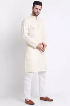 Men Cream Cotton Sequence Kurta and Trouser Set