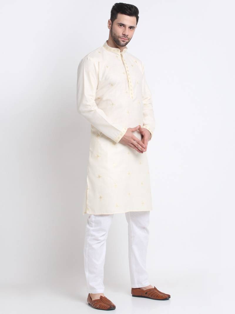 Men Cream Cotton Sequence Kurta and Trouser Set
