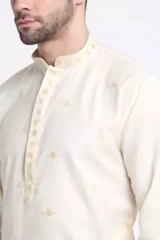 Men Cream Cotton Sequence Kurta and Trouser Set