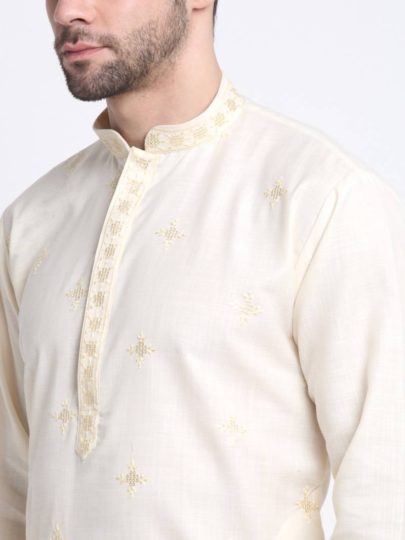 Men Cream Cotton Sequence Kurta and Trouser Set