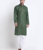 Men Mehndi Cotton Sequence Kurta and Trouser Set