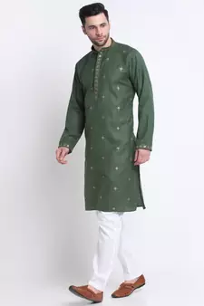 Men Mehndi Cotton Sequence Kurta and Trouser Set