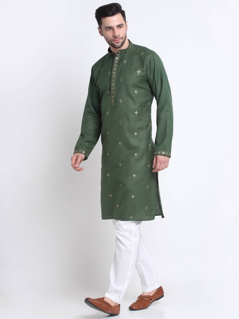 Men Mehndi Cotton Sequence Kurta and Trouser Set
