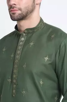 Men Mehndi Cotton Sequence Kurta and Trouser Set