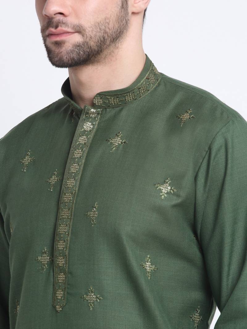 Men Mehndi Cotton Sequence Kurta and Trouser Set